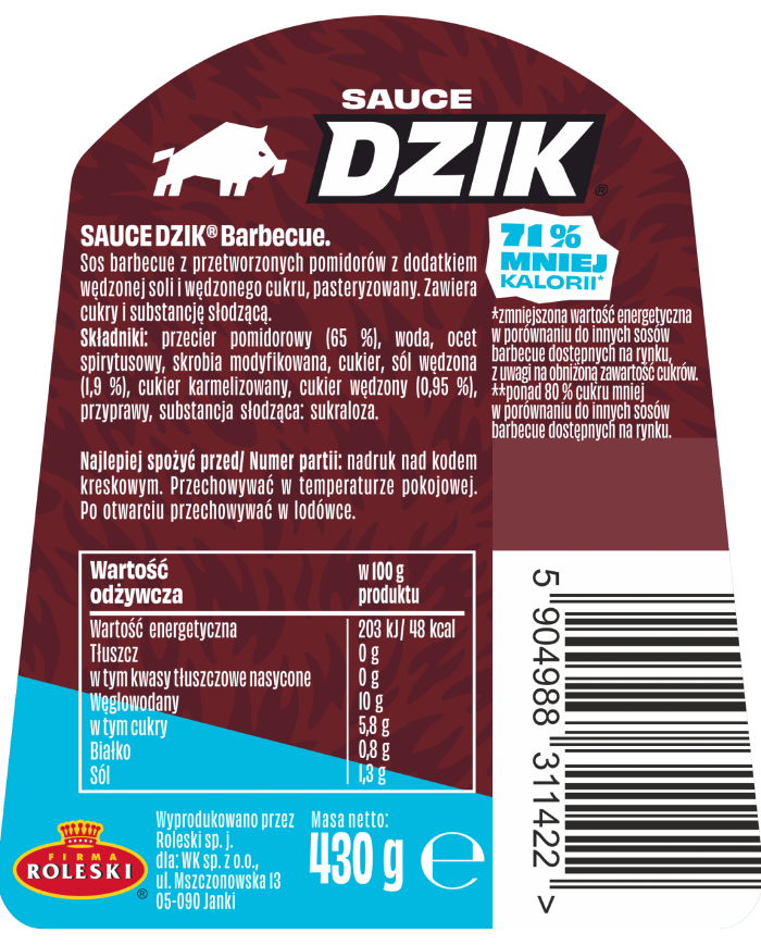 DZIK® BARBECUE SAUCE 430g – zdjęcie 2